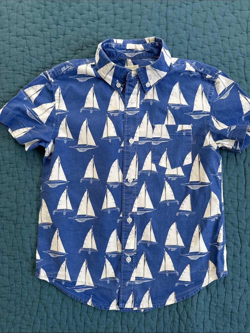 Boys Crewcuts 6/7 Blue Sailboat Print Button-Down Shirt